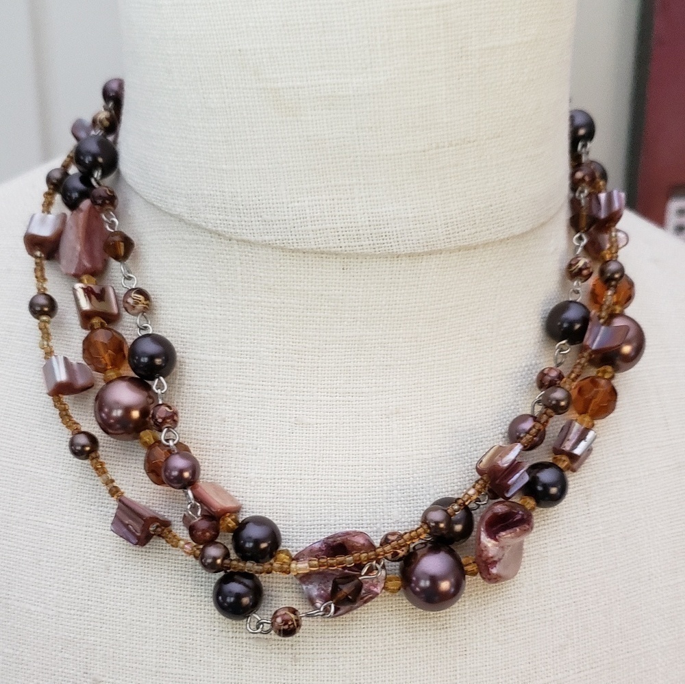 Amber brown purple mixed bead multi strand necklace